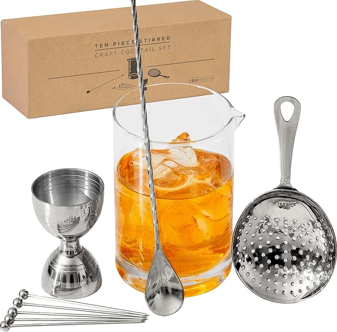 A Bar Above 10 Piece Cocktail Mixing Glass Set, Lead Free Cocktail Set with Mixing Glass, Bar Spoon, Julep Strainer, Bell Jigger and Picks, Bar Accessories, Ideal for Martinis, Whiskey and Negronis