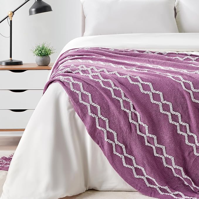BOURINA Fluffy Chenille Knitted Fringe Throw Blanket Lightweight Soft Cozy for Bed Sofa Chair Throw Blankets Deep Purple 50" x 60"