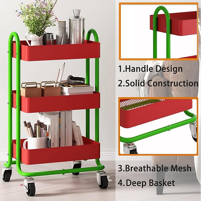 3-Tier Utility Rolling Cart,Kitchen Storage Carts with Wheels,Metal Rolling Cart for Office,Home,Kitchen,Garden（13.4"x18.1"x31"） Red+Green