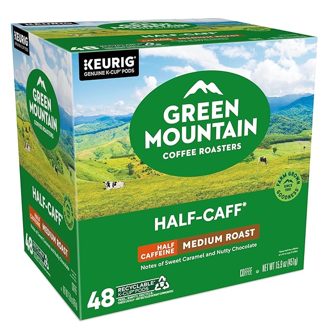 Green Mountain Coffee Roasters Half Caff, Single-Serve Keurig K-Cup Pods, Medium Roast Coffee Pods, 48 Count