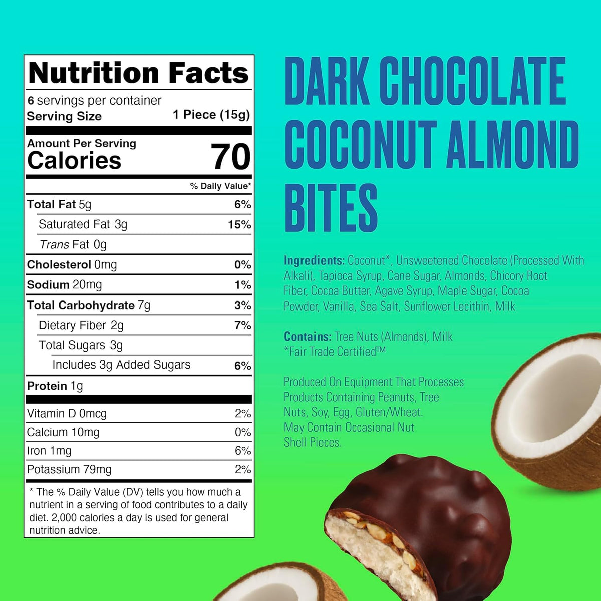 SkinnyDipped Dark Chocolate Coconut Almond Bites, Low Sugar Chocolate Coconut Bar, 3.17oz Resealable Bags, Pack of 4 (24 Bites Total)