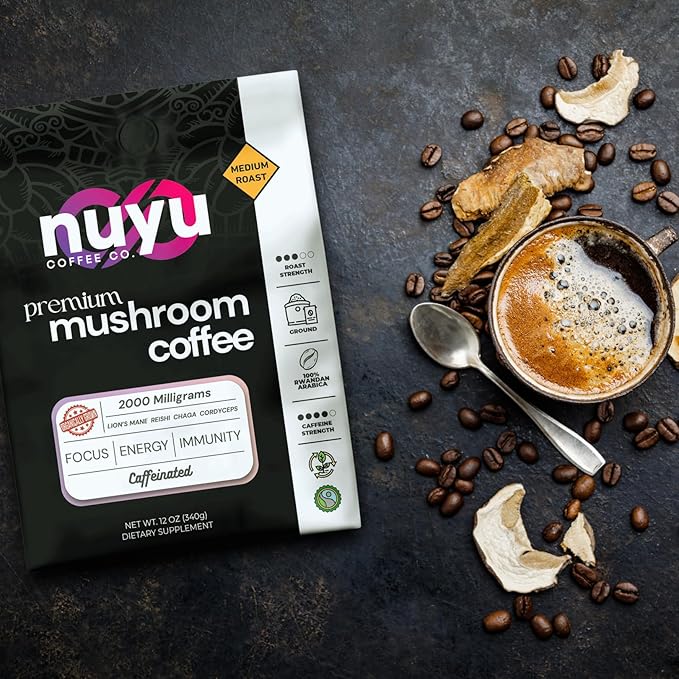 Nuyu Medium Roast Premium Mushroom Coffee, 12 oz, Specialty Ground 100% Arabica, 2000mg Functional Mushrooms, Lion's Mane, Reishi, Chaga, Cordyceps for Cognition, Energy and Wellness