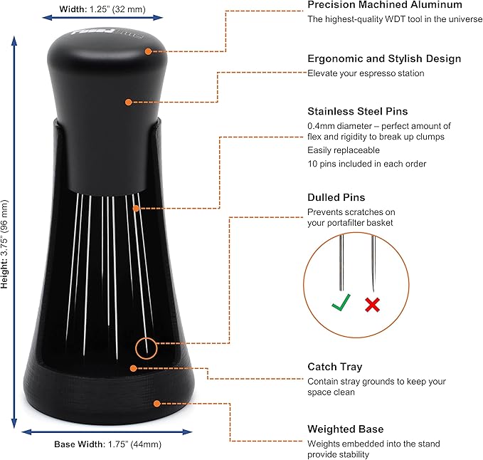 WDT Tool and Self-Aligning Stand for Espresso | Precision Machined Aluminum Handle | Consistent Espresso Puck-Prep and Coffee Grounds Distribution