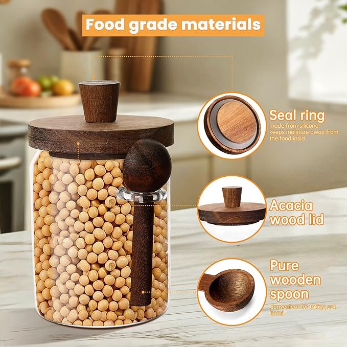 Glass Coffee Bean Storage Container, Wood Lid with Spoon, Airtight Silicone Seal, BPA-Free (550ML/18.6OZ)