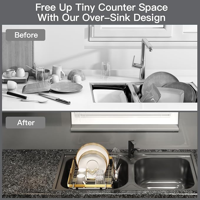 MAJALiS Gold Dish Drying Rack Over The Sink with Utensil Holder, Mat | Expandable Stainless Steel Dish Drainer for Small Kitchen, Apartment, RV, Counter Space Saving, Perfect Fit, Rustproof