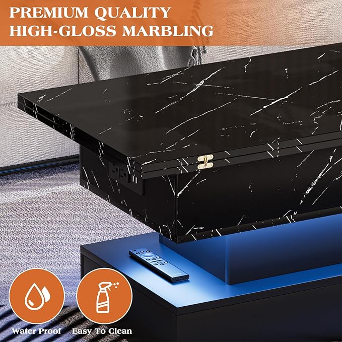 39.4" Lift Top Coffee Table with Charging Station, 4-in-1 Multifunctional Coffee Table with Storage & Hidden Compartments, High-Glossy Marbling Print LED Center Table for Living Room, Black