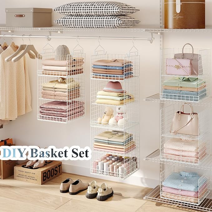 Yuyetuyo ﻿5 Tier Hanging Closet Organizer Separable Hanging Closet Shelves with 4 Hooks 2 Adjustable Dividers, Wire Storage Basket Bins for Clothing Sweaters Socks Dolls Handbags, Foldable