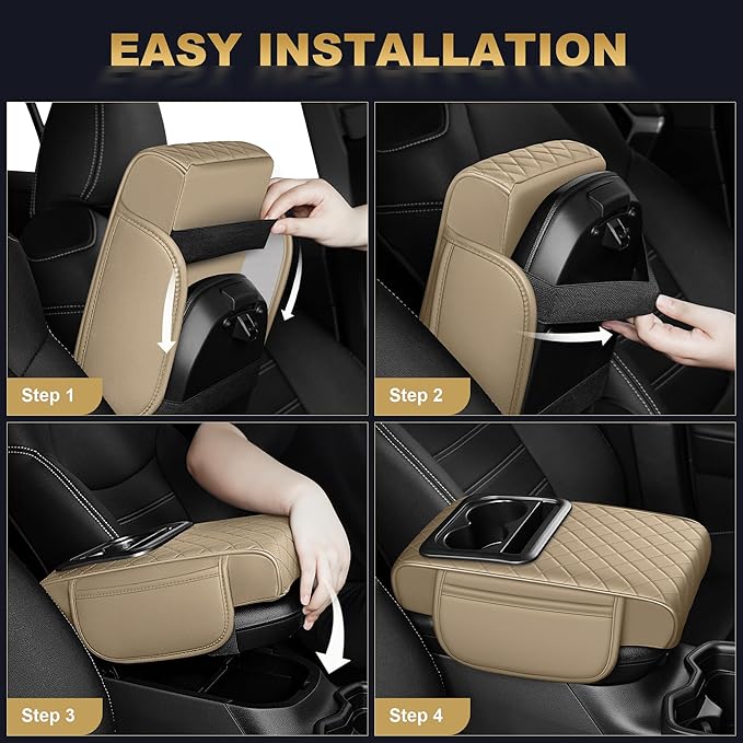 Center Console Cover for Civic: Armrest Cover for Car with 2 Storage Bags - Waterproof Leather Center Console Cover with Cup Holder for Car,Anti-Scratch Auto Armrest Pad Accessory （Beige