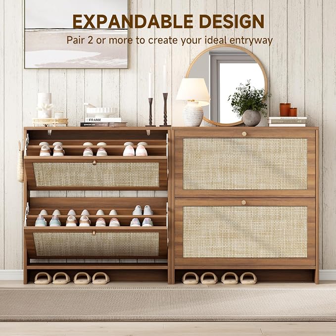 Nicetree Shoe Cabinet Storage for Entryway, 2-Flip Drawer Narrow Shoe Rack, Organic Modern Rattan Shoe Organizer with Gold Legs, Shoe Organizer Fits Men's Size 13.5, Toasted Caramel Walnut