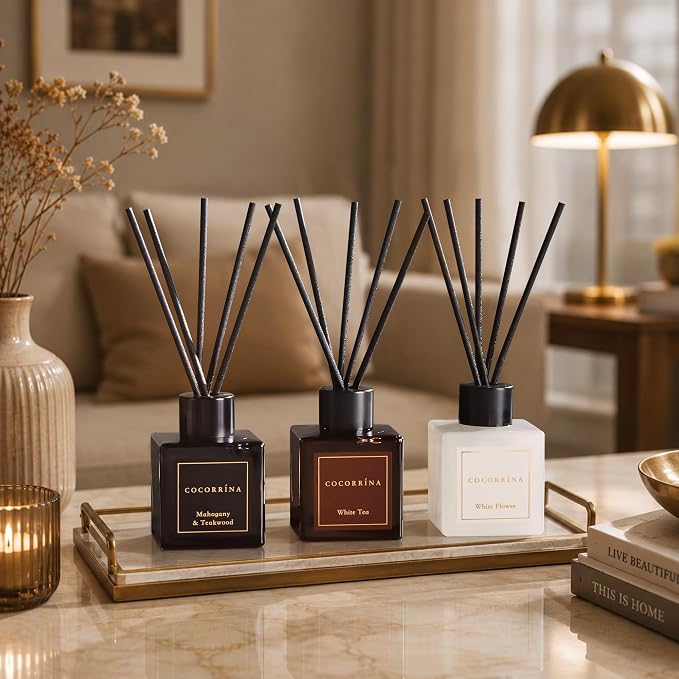 COCORRÍNA Hotel Collection Reed Diffuser Set, 1.7 fl oz Trio, Mahogany Teakwood, White Flower & White Tea, Home Fragrance for Bathroom, Bedroom, Entryway & Office