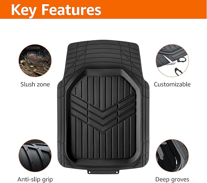 Amazon Basics 3-Piece All-Weather Heavy Duty, Full Set PVC Floor Mats for Universal Fit in Cars, SUVs, and Trucks, Black, Trim to Customize