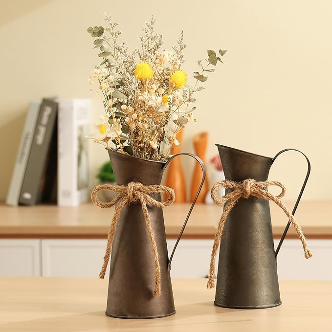 2 Pack Vintage Metal Milk Jug Vase Decor, Shabby Chic Decor Rustic Metal Pitcher, 7.87 Inch Pitcher Vintage Flower Vases for Home/Wedding Decorations