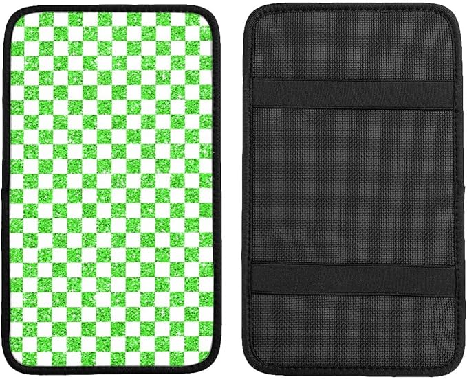 Glitter Green White Checkered Chessboard Flag Car Armrest Pad Cute Cars Center Console Cover Auto Handrail Box Cushion Armrests Cover