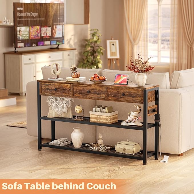 Ecoprsio 47'' Entryway Table with Outlets and USB Ports, Console Table with 3 Drawers, Sofa Table Narrow Long with Storage Shelves for Living Room, Couch, Hallway, Foyer, Kitchen Counter, Rustic Brown