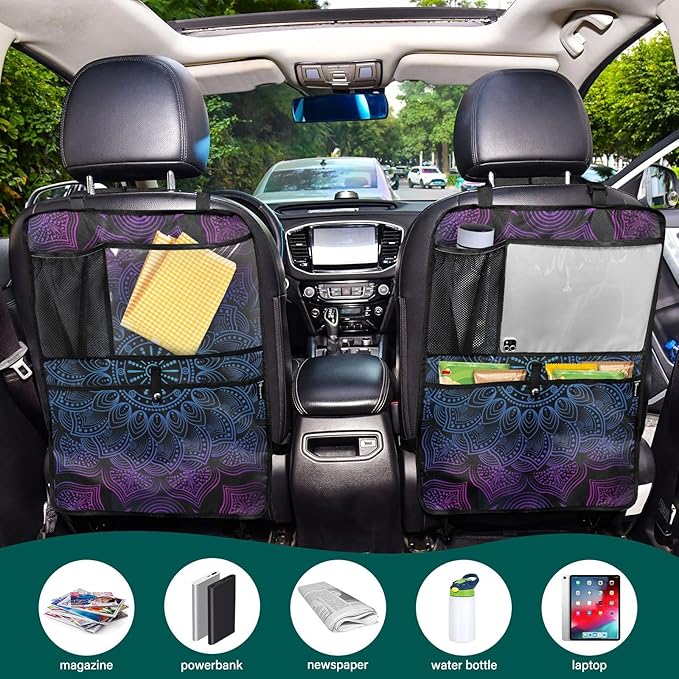 JIPONI Car Backseat Organizer, Boho Mandala Automotive Back Seat Protector, Kick Mats with Storage Pockets for Kids Pets, Road Trip Accessories (2 Pack)