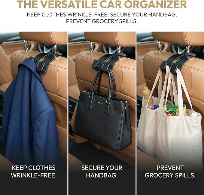 Car Headrest Hooks-4 Pack Heavy Duty Seat Hooks for Car Organizing, Universal Hanging Hooks for Purses Handbags Grocery Bags Coats, No-Slip Durable Car Accessories