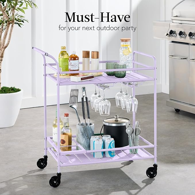 Best Choice Products Rolling Bar Cart, Mobile Home Bar Serving Cart, Serving Station w/ 2 Tier Shelves, Wine Rack, Lockable Wheels - Lavender