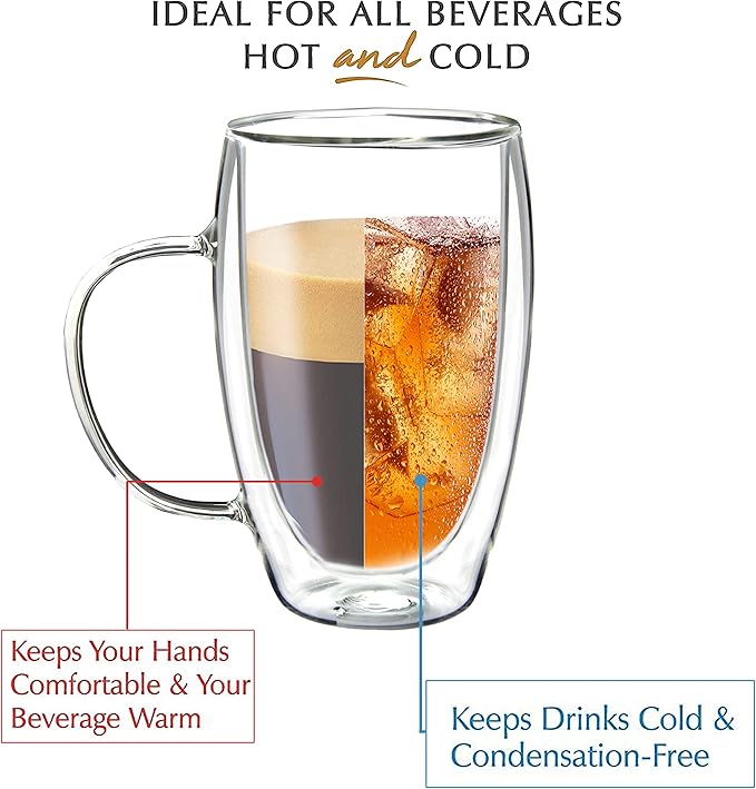 Youngever 2 Pack Glass Coffee Cups, Double Wall Thermo Insulated Coffee Cups, Glass Coffee Mugs (15 Ounce)