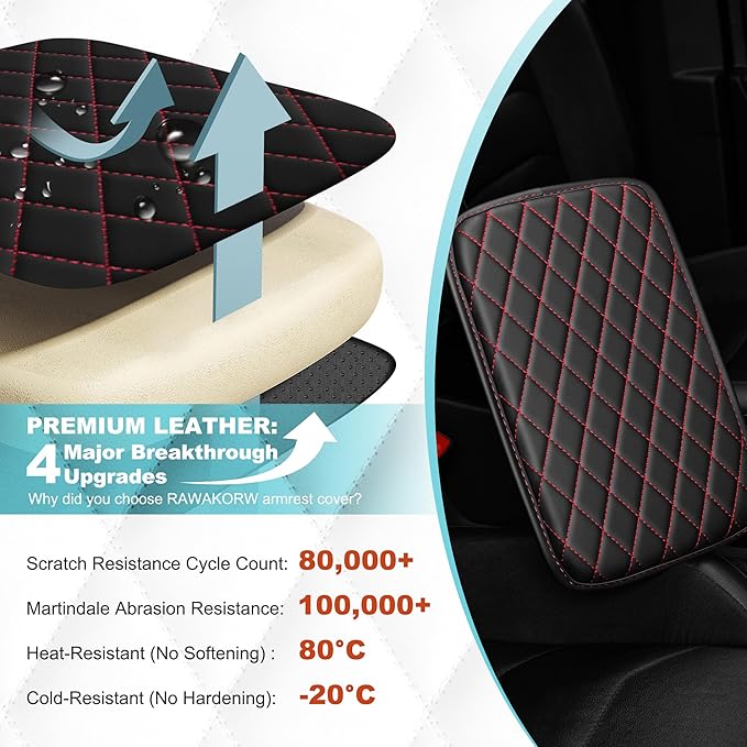 Center Console Cover Fit for Kia Sportage 2005-2025 with 2 Storage Bags Waterproof Leather Quilted Pattern Car Armrest Cover Cushion Anti - Slip(Black&Red Line)