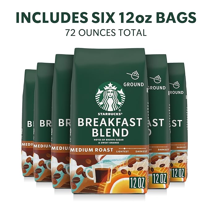 Starbucks Ground Coffee, Medium Roast Hot or Iced Coffee, Breakfast Blend, Six 12 oz Bags