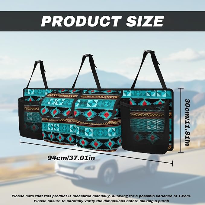 CLOHOMIN Aztec Ethnic Gemoetric Car Trunk Organizer for Sedan Truck SUV Van Blue Back Seat Storage with 4 Pockets Hanging Car Cargo Trunk Storage Organizer Bag