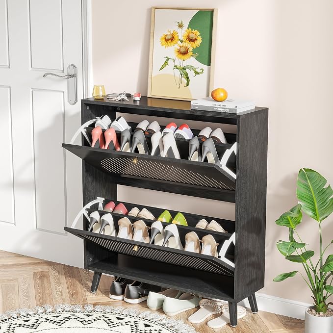 Fsbecl Shoe Storage Cabinet for Entryway with 2 Flip Drawers, Narrow Wood Shoe Cabinet with Fluted Panel, Freestanding Hidden Shoe Organizer for Foyer, Hallway (Black - with Shelf)