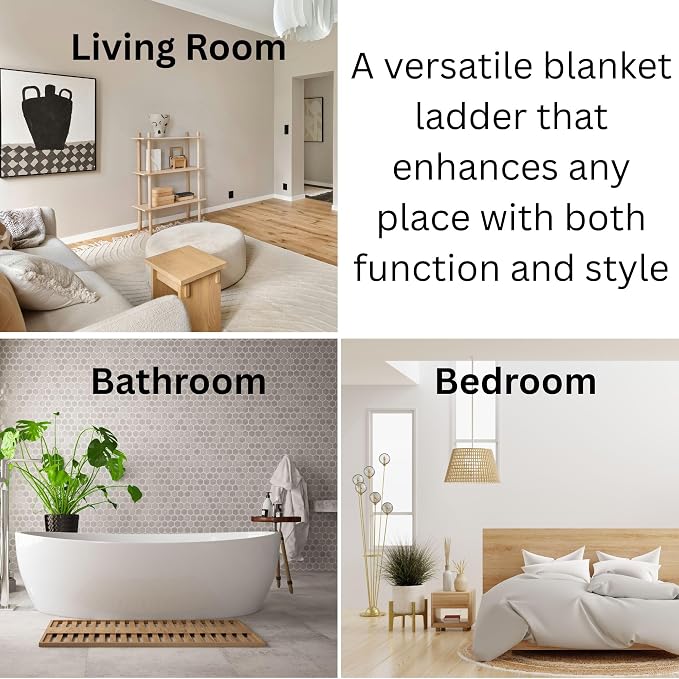 Solid Pine Wood Blanket Ladder for Living Room Bathroom Organizer Shelves, 7-Tier 5-Tier Freestanding Shelf, Freestanding Towel Rack Extra Storage, Wall-Leaning (Walnut, Medium)