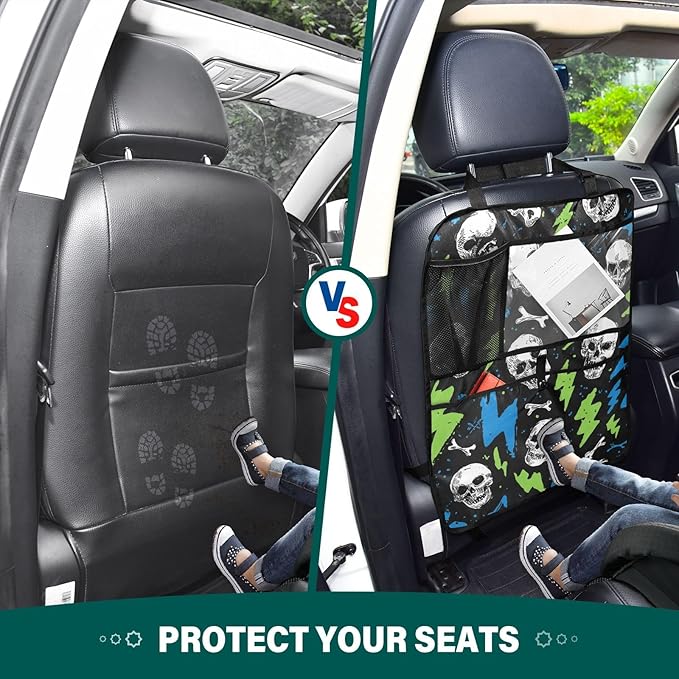 2 Pack Back Seat Car Organizer with Storage Pockets Kick Mats Back Seat Protector Hanging Car Organizer Automotive Seat Back Cover Organizers Skull Lightning Colorful