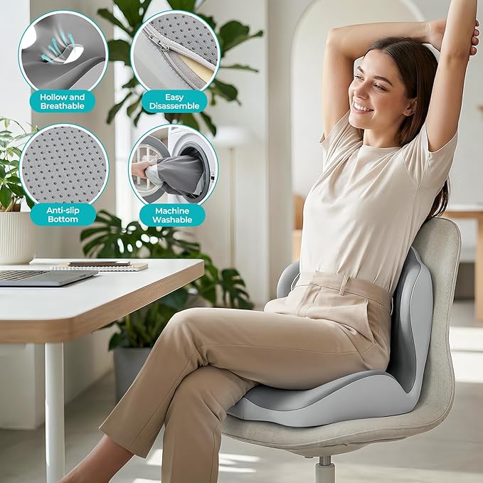 Seat Cushion with Lumbar Support Pillow for Truck Driver, Memory Foam Chair Cushion for Tailbone Pressure Relief & Long Driving, L-Shaped Ergonomic Non-Slip Seat Cushions for Car,Truck,Desk,Chairs