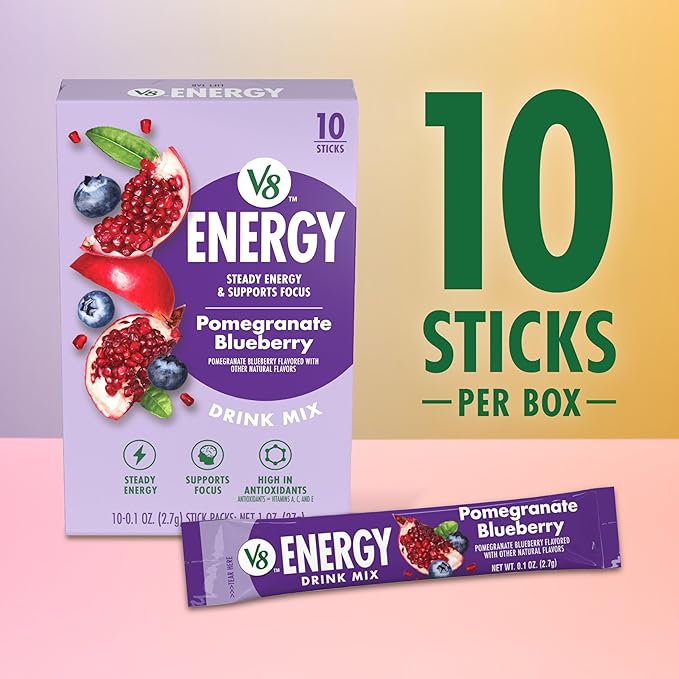 V8 Energy Pomegranate Blueberry Energy Drink Powder, .10 oz Packet (10 Count) (Pack of 2)