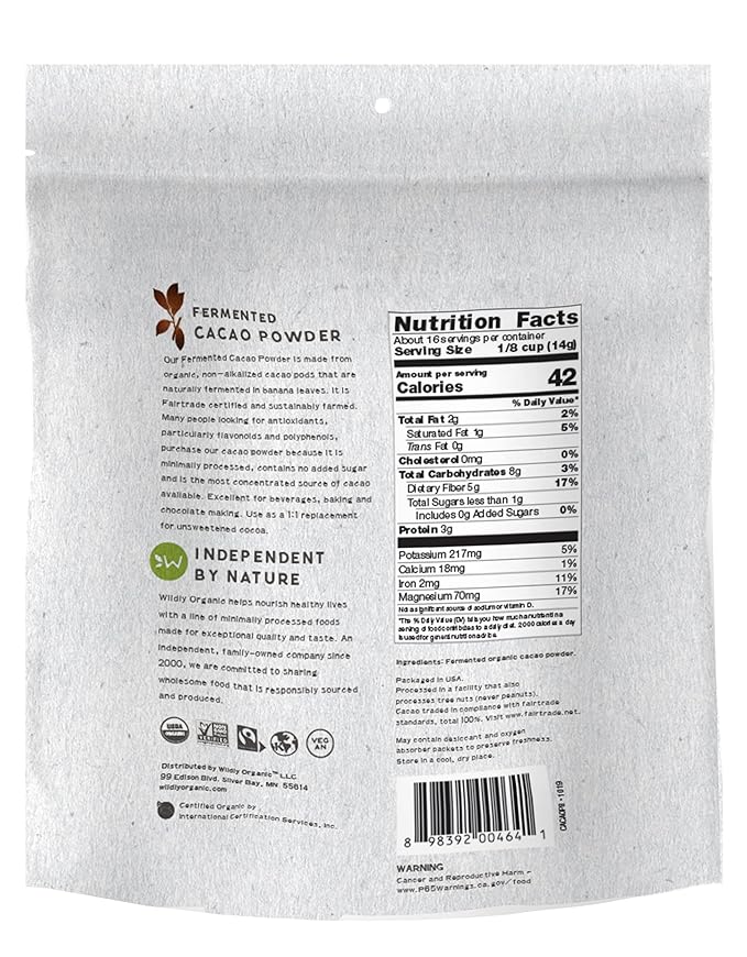 Wildly Organic Fermented Cacao Powder 8 Oz Bag - Organic, Non-Alkalized, Minimally Processed, Raw, Fair Trade, Non-GMO, Kosher, Vegan, Premium Rich Chocolate Flavor - Perfect for Skin, Smoothies, Yogurt, Oatmeal, Chocolate, Fudge, Baking, & Hot Cocoa