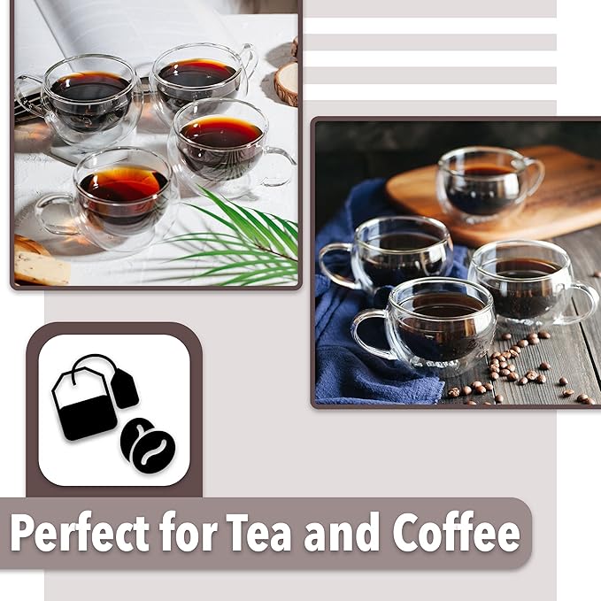 BTaT- Double Walled Glass Coffee Mugs, 9 oz, Set of 4, Glass Coffee Cups with Handle, Insulated Clear Coffee Mug for Hot and Cold Beverages, Cappuccino, Latte, Tea, Americano, Microwave Safe