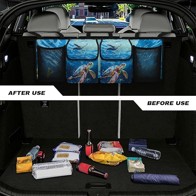 CLOHOMIN Blue Sea Turtle Car Organizer for SUV Sedan Truck Hanging Cargo Storage Bag with 4 Pockets Blue Ocean Car Trunk Backseat Organizer Multi Trunk Organizer Decor