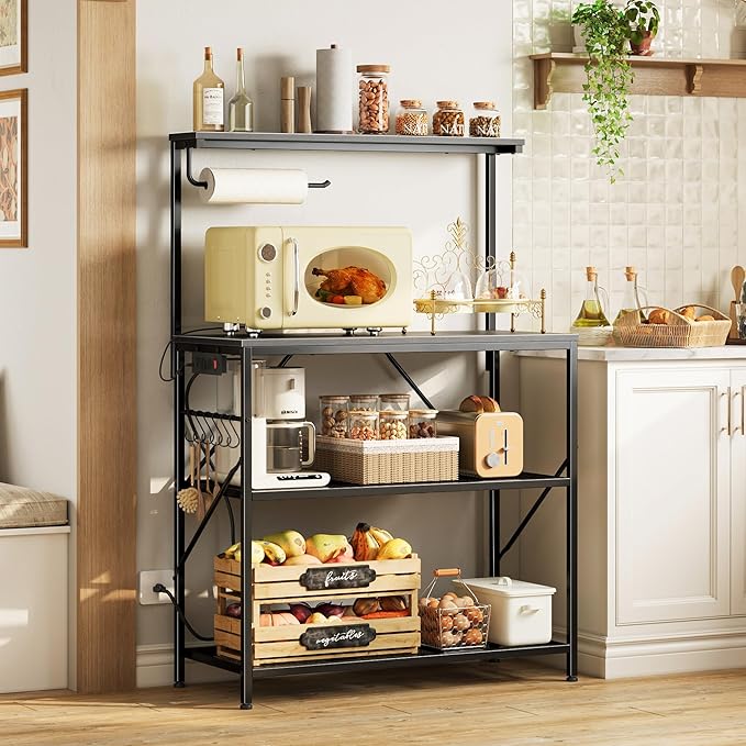 Huuger 4-Tier Bakers Rack with Reversible Power Outlet, 31.5 Inch Microwave Stand, Kitchen Coffee Bar, with Top Shelf, 6 S Hooks, Black