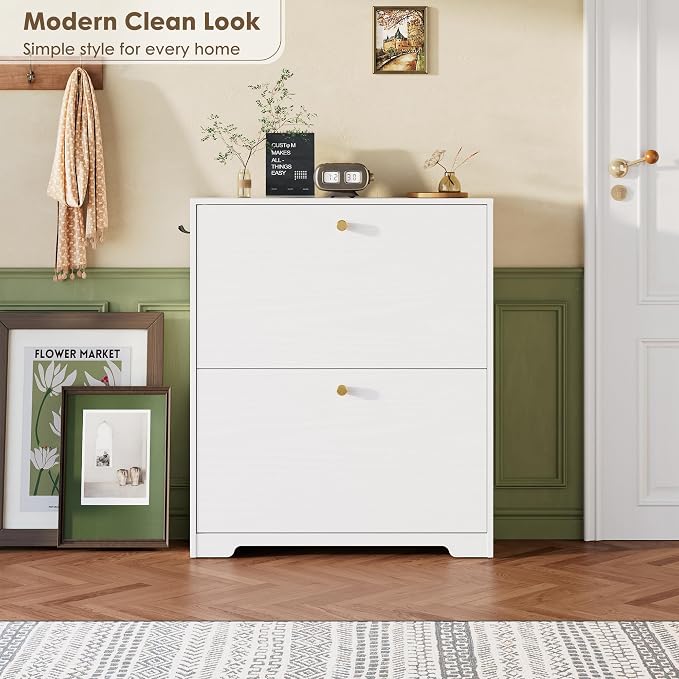Nicetree Shoe Cabinet with 2 Flip Drawers, Narrow Shoe Organizer Cabinet, Freestanding Shoe Rack Cabinet, Modern Shoe Storage Cabinet for Entryway, Hallway, Foyer, White
