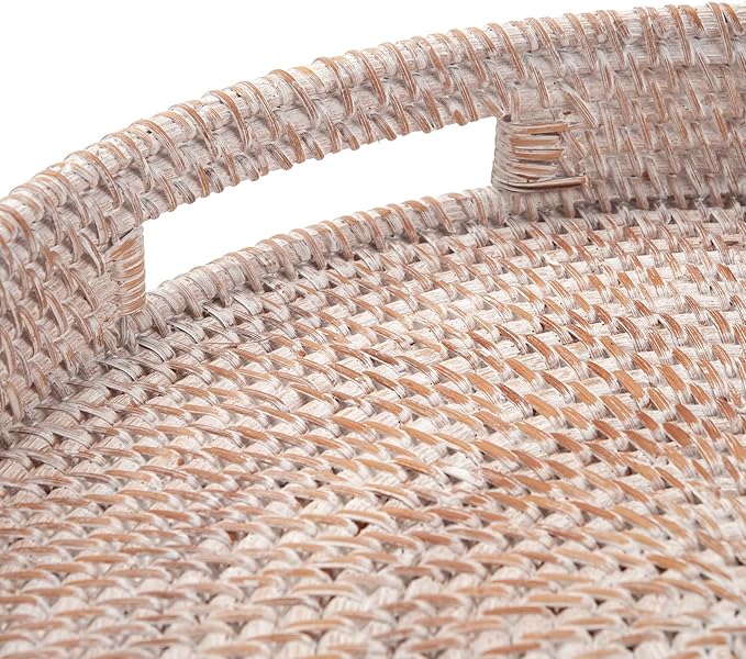Coffee Table Tray Round Rattan Ottoman Tray Woven Serving Trays with Handles for Home and Kitchen Decorative Whitewash (Large 16.9 inch)