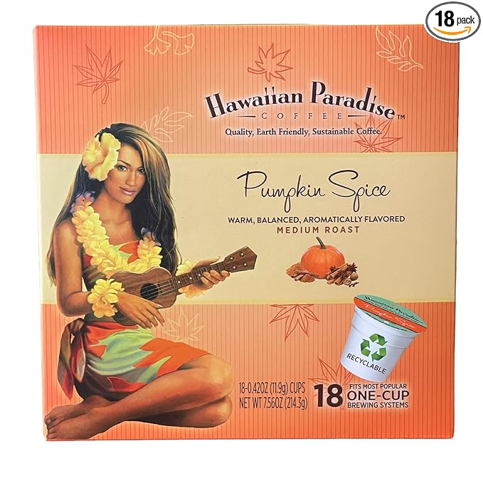 Hawaiian Paradise Coffee Pumpkin Spice Single Serve Cups (18 Cups) – Medium Roast with an Amazing Aroma – Farm Fresh Arabica Beans- Compatible with Keurig K-Cup Brewers