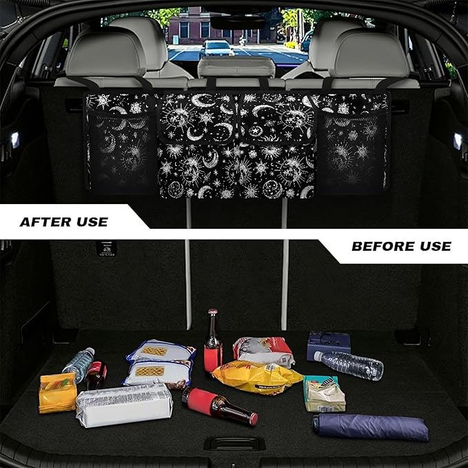 CLOHOMIN Black Car Trunk Organizer for Sedan Truck SUV Van Sun and Moon Back Seat Storage with 4 Pockets Hanging Car Cargo Trunk Storage Organizer Bag