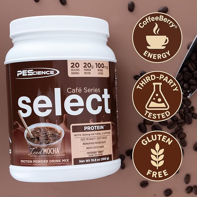 PEScience Select Cafe Protein Coffee Flavored Powder, 100mg Caffeine, 20g Iced Protein Coffee Powder or Creamer - Iced Mocha, 20 Servings