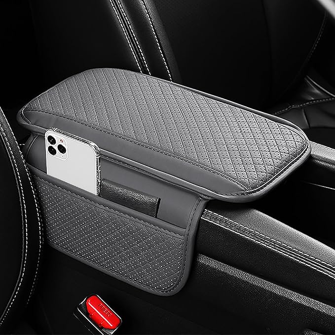 Car Armrest Cover for Mazda CX5 2012-2025, Center Console Cushion Leather Armrest Pad Protector with Storage Pockets Diamond Pattern,Grey