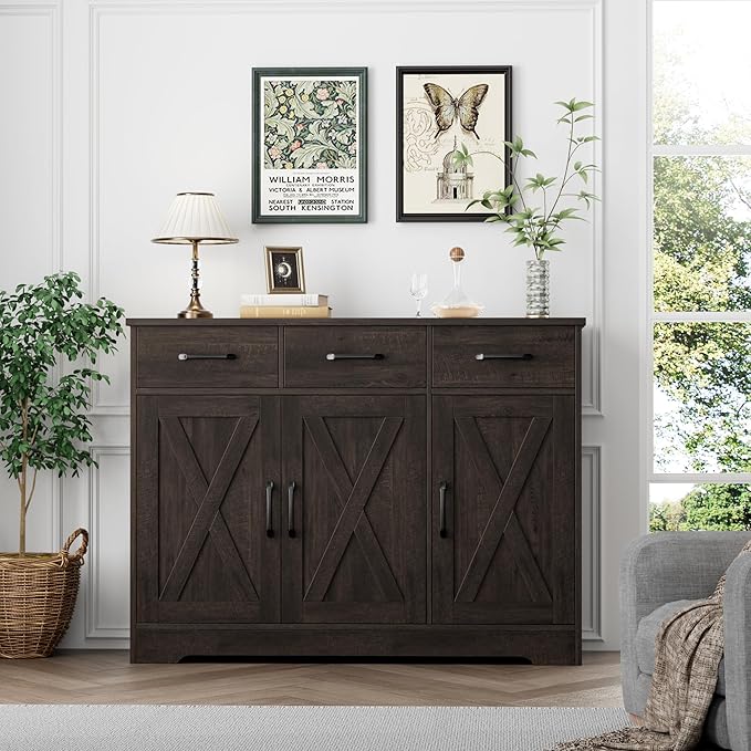 HOSTACK Modern Farmhouse Buffet Sideboard Cabinet, Barn Doors Storage Cabinet with Drawers and Shelves, Wood Coffee Bar with Storage for Dining Room, Kitchen, Living Room, Dark Brown