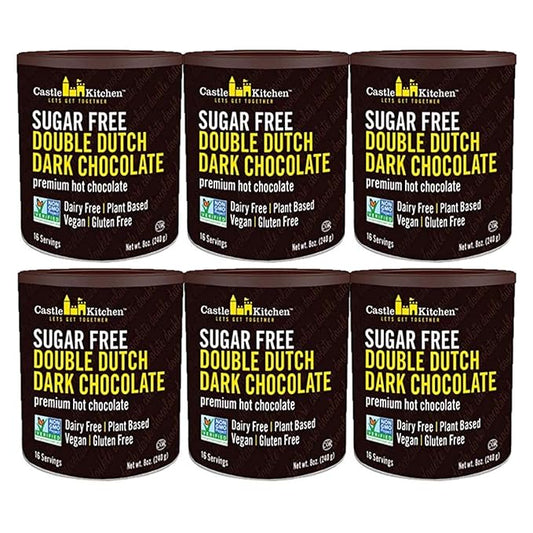 Castle Kitchen Sugar Free Double Dutch Dark Hot Chocolate (6 Pack) Premium Plant Based, Dairy Free, Gluten-Free, Vegan Hot Coca Mix - Just Add Water - 14 oz Can