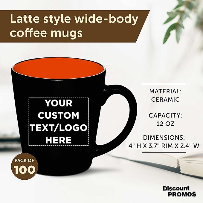 Custom Ceramic Coffee Latte Mugs 12 oz. Set of 100, Personalized Bulk Pack - Perfect for Coffee, Tea, Espresso, Hot Cocoa, Other Beverages - Orange