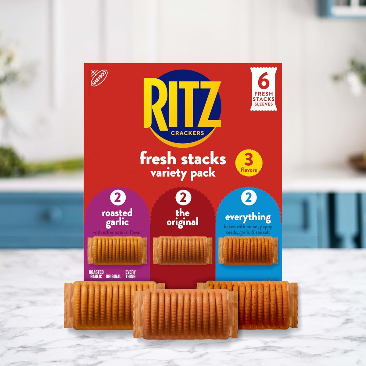 RITZ Fresh Stacks Original, Everything, and Garlic Butter Crackers Variety Pack, Travel Snacks, 8.85 oz (6 Multi Snack Packs)