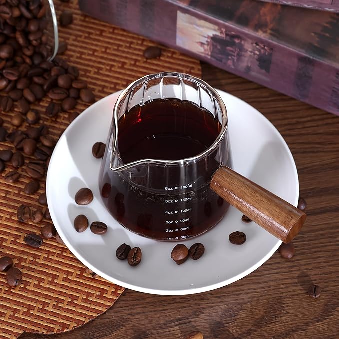 2 PCS Espresso Measuring Cup 6 Oz, Espresso Glass Cups with Wood Handle, Milk Frothing Cup, Espresso Cup for Coffee, Milk, Tea or Maple Syrup Serving