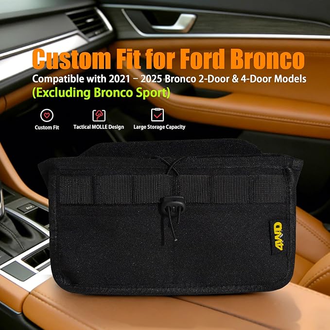 Seat Back Storage Bag for Ford Bronco 2021-2025, MOLLE Tactical Organizer for 2-Door & 4-Door (Not Sport), Armrest Storage Pouch, 600D Oxford, No Drill Easy Install, Off-Road Gear Holder Black