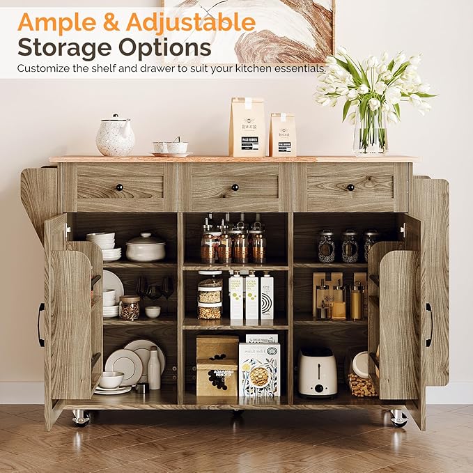 VINGLI Kitchen Island with Storage, 52" Rolling Kitchen Cart with 3 Drawers & Shelves, Drop Leaf Design, Mobile Island with Barn Doors, Towel & Spice Rack for Kitchen & Dining, Grey Brown Oak
