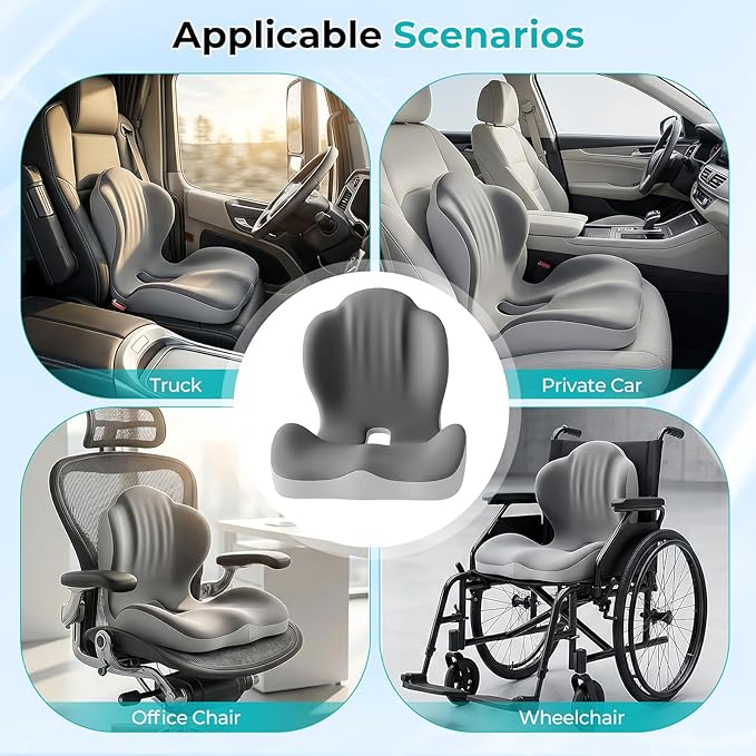 Seat Cushion with Lumbar Support Pillow for Truck Driver, Memory Foam Chair Cushion for Tailbone Pressure Relief & Long Driving, L-Shaped Ergonomic Non-Slip Seat Cushions for Car,Truck,Desk,Chairs