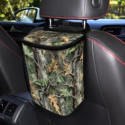Camo Hunting Car Trash Can with Adjustable Straps Foldable Auto Garbage Can for Console Front Rear Seat Woodland Forest Tree Trash Bin for SUV Van Sedan Truck