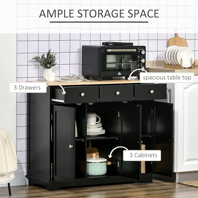 HOMCOM Sideboard with Solid Wood Countertop, Modern Kitchen Storage Cabinet, Coffee Bar Cabinet with 3 Drawers, Doors and Adjustable Shelf, Black